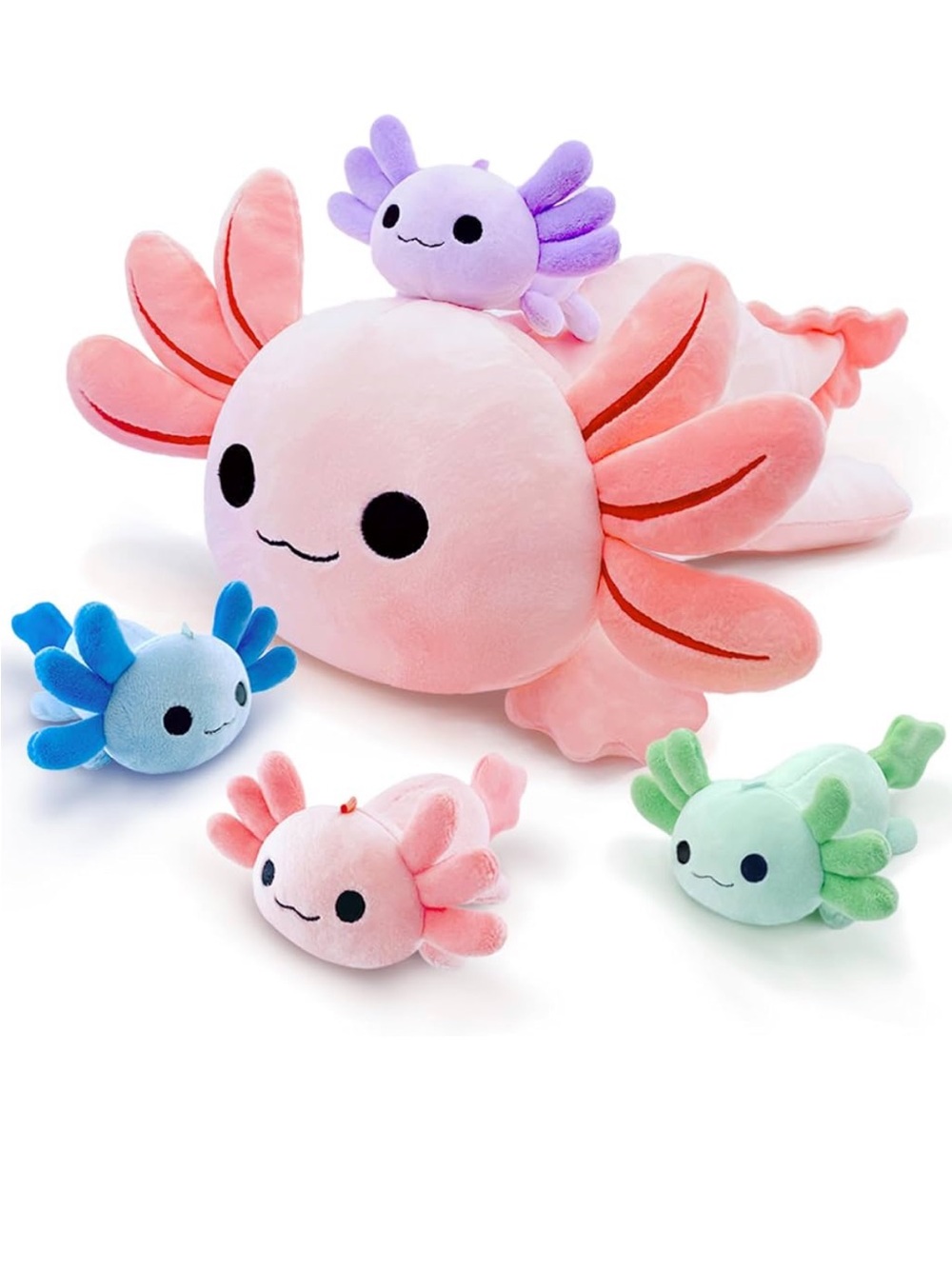 Plush Axolotl Family Toy Set - Soft Pink Axolotl with Colorful Mini babies